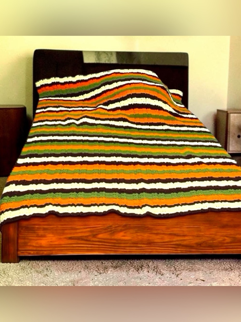 VTG 76"X 61"  Hand Made Crochet Afghan Blanket Orange Tan Brown Throw 70s Granny